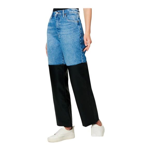 Blank NYC Jeans Womens 26 Blue Baxter Wide Leg Rib Cage Moto Faux Leather Biker - Picture 5 of 12